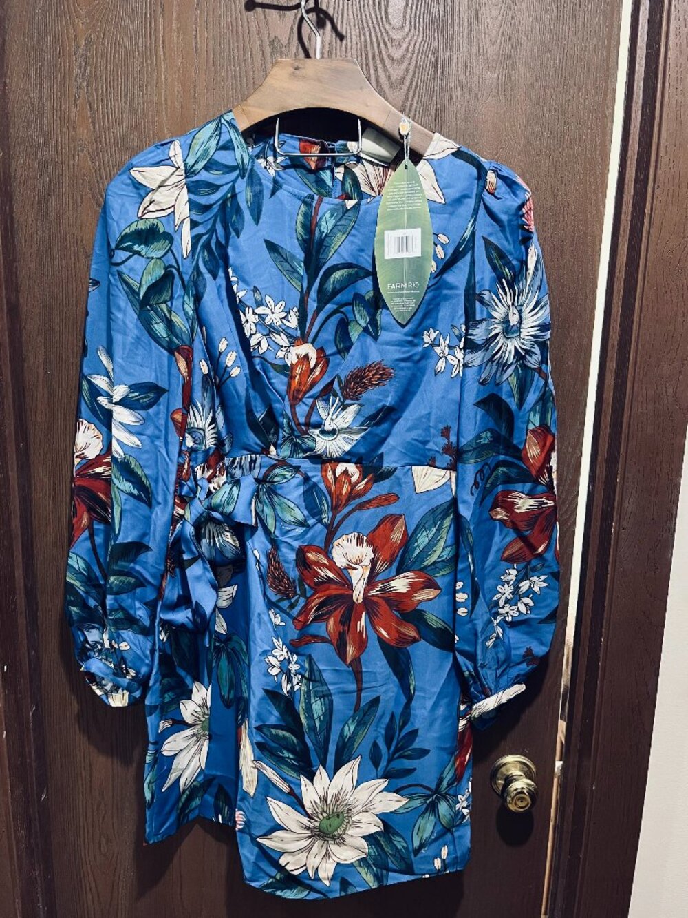 Farm Rio Surreal Flowers Blue Wrap Mini Dress 328918 NWT Floral Long Sleeves